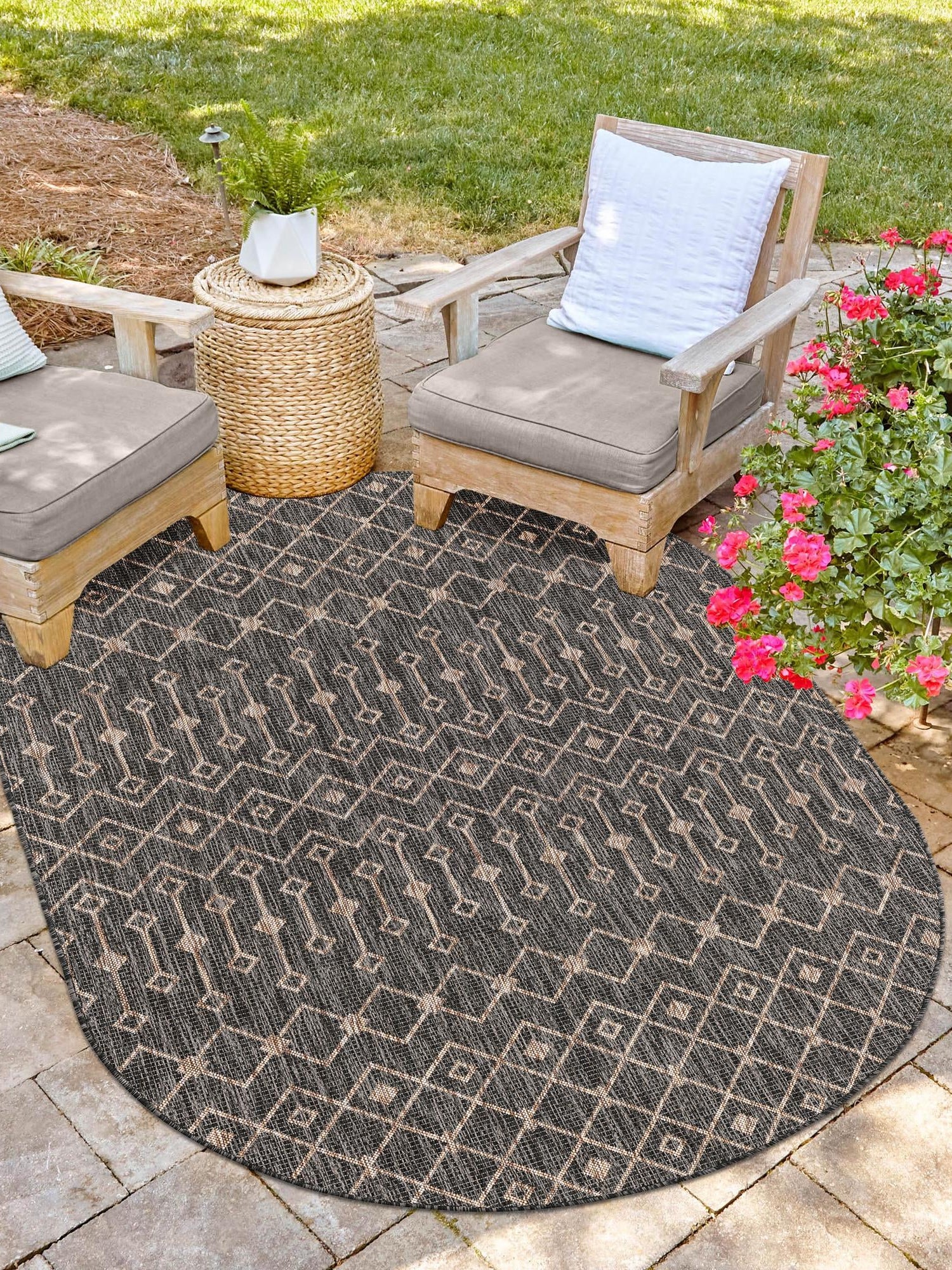 Charcoal Gray 5' 3 x 8' Outdoor Trellis Oval Area Rug Weather Resistant for Patio, Deck, Terrace, Balcony, Porch Geometric Design Water Safe Outside Carpet for Sale at Rug Engine