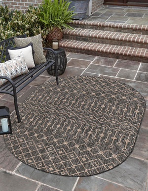 Charcoal Gray 7' 10 x 10' Outdoor Trellis Oval Area Rug Weather Resistant for Patio, Deck, Terrace, Balcony, Porch Geometric Design Water Safe Outside Carpet for Sale at Rug Engine