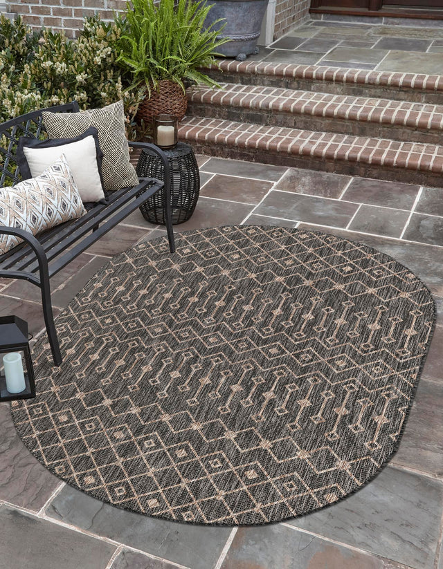 Charcoal Gray 7' 10 x 10' Outdoor Trellis Oval Area Rug Weather Resistant for Patio, Deck, Terrace, Balcony, Porch Geometric Design Water Safe Outside Carpet for Sale at Rug Engine