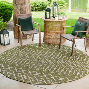 Green 13' 1 x 13' 1 Outdoor Trellis Round Area Rug Weather Resistant for Patio, Deck, Terrace, Balcony, Porch Geometric Design Water Safe Outside Carpet for Sale at Rug Engine