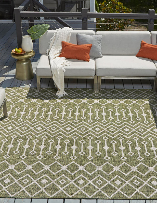 Green 13' 1 x 13' 1 Outdoor Trellis Square Area Rug Weather Resistant for Patio, Deck, Terrace, Balcony, Porch Geometric Design Water Safe Outside Carpet for Sale at Rug Engine