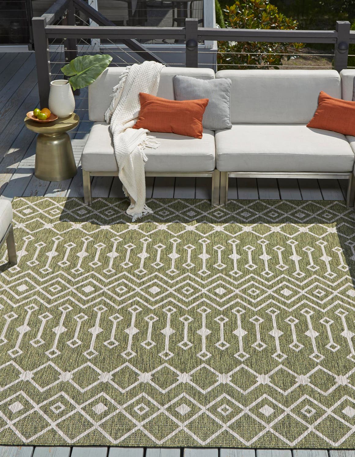 Green 10' 8 x 10' 8 Outdoor Trellis Square Area Rug Weather Resistant for Patio, Deck, Terrace, Balcony, Porch Geometric Design Water Safe Outside Carpet for Sale at Rug Engine