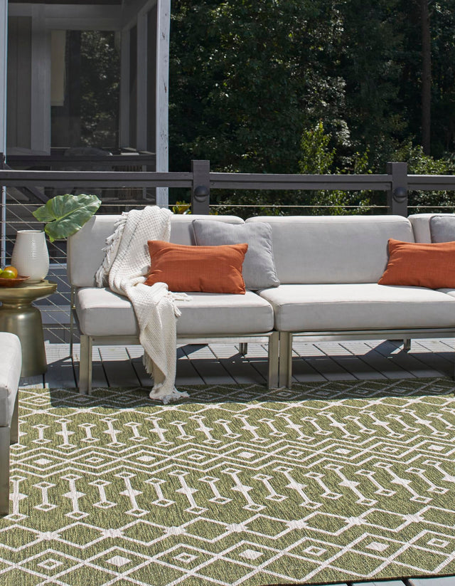 Green 7' 10 x 7' 10 Outdoor Trellis Square Area Rug Weather Resistant for Patio, Deck, Terrace, Balcony, Porch Geometric Design Water Safe Outside Carpet for Sale at Rug Engine