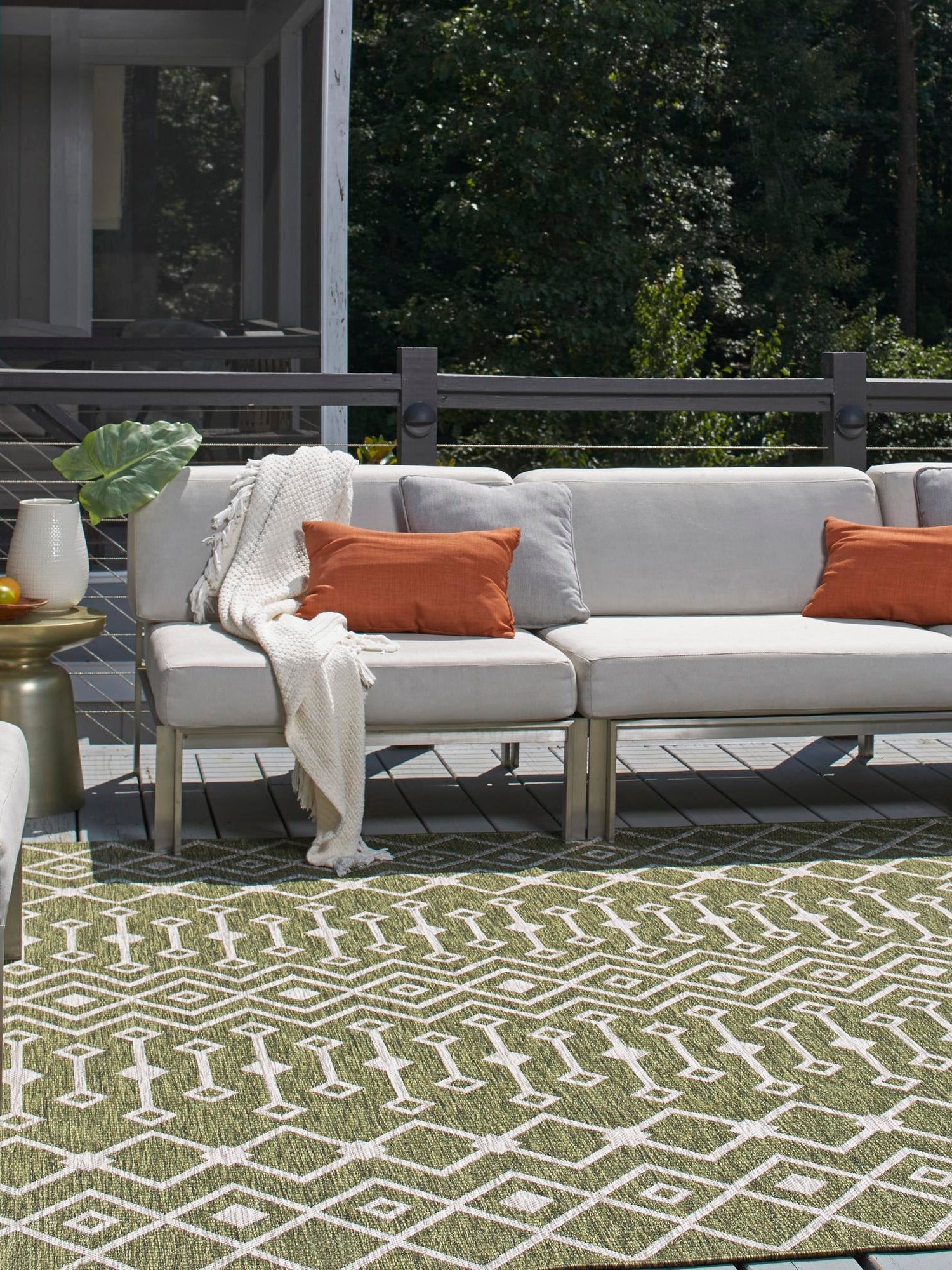 Green 13' 1 x 13' 1 Outdoor Trellis Square Area Rug Weather Resistant for Patio, Deck, Terrace, Balcony, Porch Geometric Design Water Safe Outside Carpet for Sale at Rug Engine