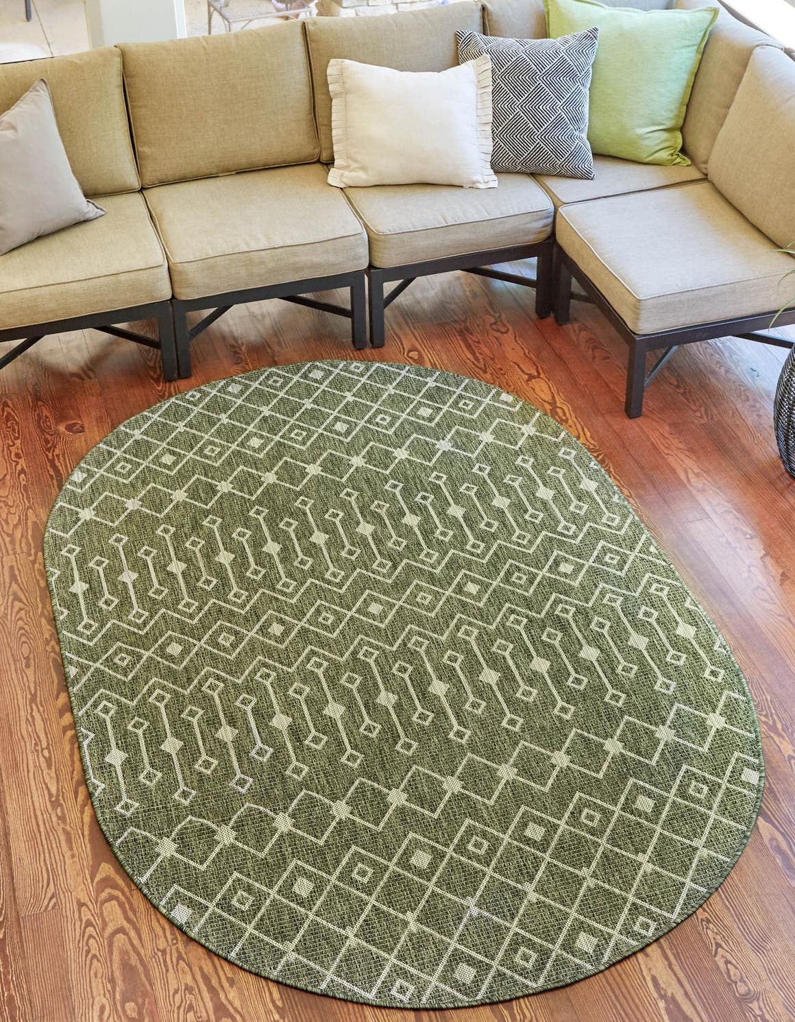 Green 3' 1 x 5' 3 Outdoor Trellis Oval Area Rug Weather Resistant for Patio, Deck, Terrace, Balcony, Porch Geometric Design Water Safe Outside Carpet for Sale at Rug Engine