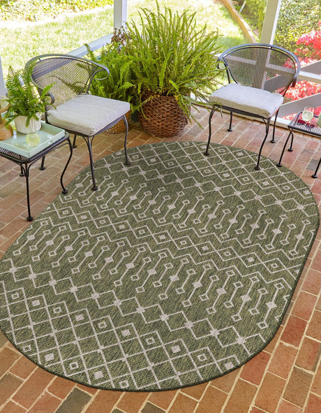 Green 3' 1 x 5' 3 Outdoor Trellis Oval Area Rug Weather Resistant for Patio, Deck, Terrace, Balcony, Porch Geometric Design Water Safe Outside Carpet for Sale at Rug Engine