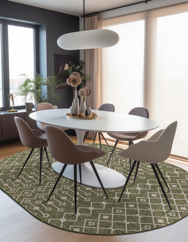 Green 3' 1 x 5' 3 Outdoor Trellis Oval Area Rug Weather Resistant for Patio, Deck, Terrace, Balcony, Porch Geometric Design Water Safe Outside Carpet for Sale at Rug Engine