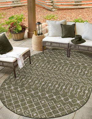 Green 3' 1 x 5' 3 Outdoor Trellis Oval Area Rug Weather Resistant for Patio, Deck, Terrace, Balcony, Porch Geometric Design Water Safe Outside Carpet for Sale at Rug Engine