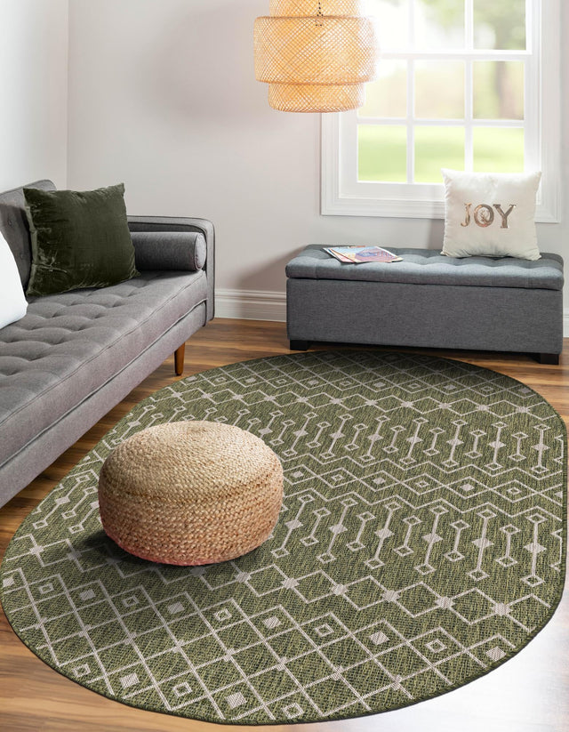 Green 3' 1 x 5' 3 Outdoor Trellis Oval Area Rug Weather Resistant for Patio, Deck, Terrace, Balcony, Porch Geometric Design Water Safe Outside Carpet for Sale at Rug Engine