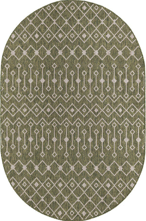 Green 5' 3 x 8' Outdoor Trellis Oval Area Rug Weather Resistant for Patio, Deck, Terrace, Balcony, Porch Geometric Design Water Safe Outside Carpet for Sale at Rug Engine