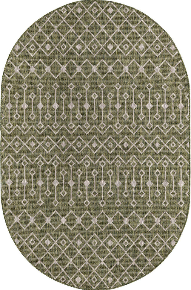 Green 5' 3 x 8' Outdoor Trellis Oval Area Rug Weather Resistant for Patio, Deck, Terrace, Balcony, Porch Geometric Design Water Safe Outside Carpet for Sale at Rug Engine