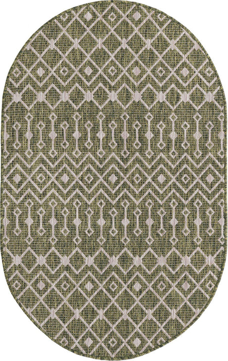 Green 3' 1 x 5' 3 Outdoor Trellis Oval Area Rug Weather Resistant for Patio, Deck, Terrace, Balcony, Porch Geometric Design Water Safe Outside Carpet for Sale at Rug Engine