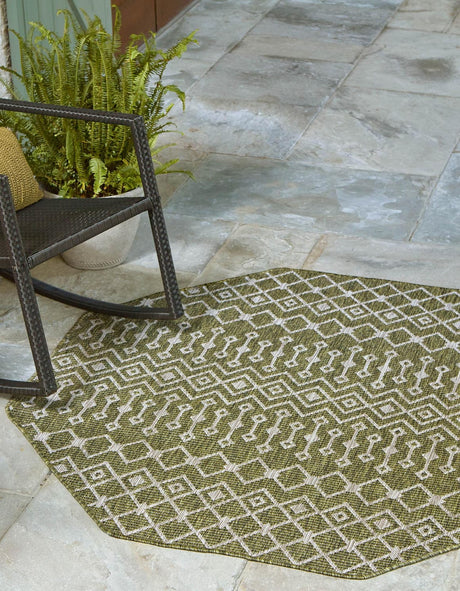 Green 5' 3 x 5' 3 Outdoor Trellis Octagon Area Rug Weather Resistant for Patio, Deck, Terrace, Balcony, Porch Geometric Design Water Safe Outside Carpet for Sale at Rug Engine