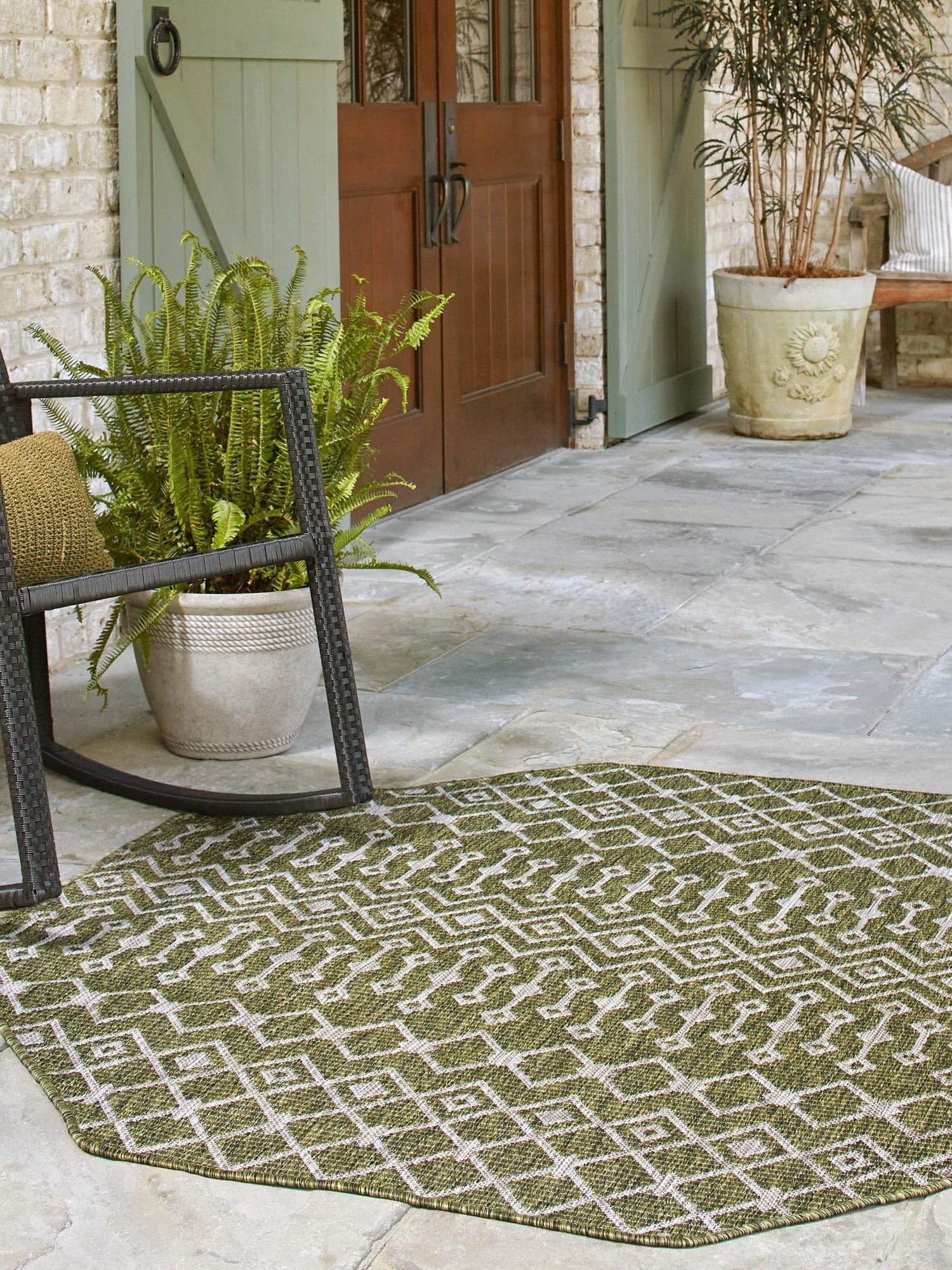 Green 7' 10 x 7' 10 Outdoor Trellis Octagon Area Rug Weather Resistant for Patio, Deck, Terrace, Balcony, Porch Geometric Design Water Safe Outside Carpet for Sale at Rug Engine
