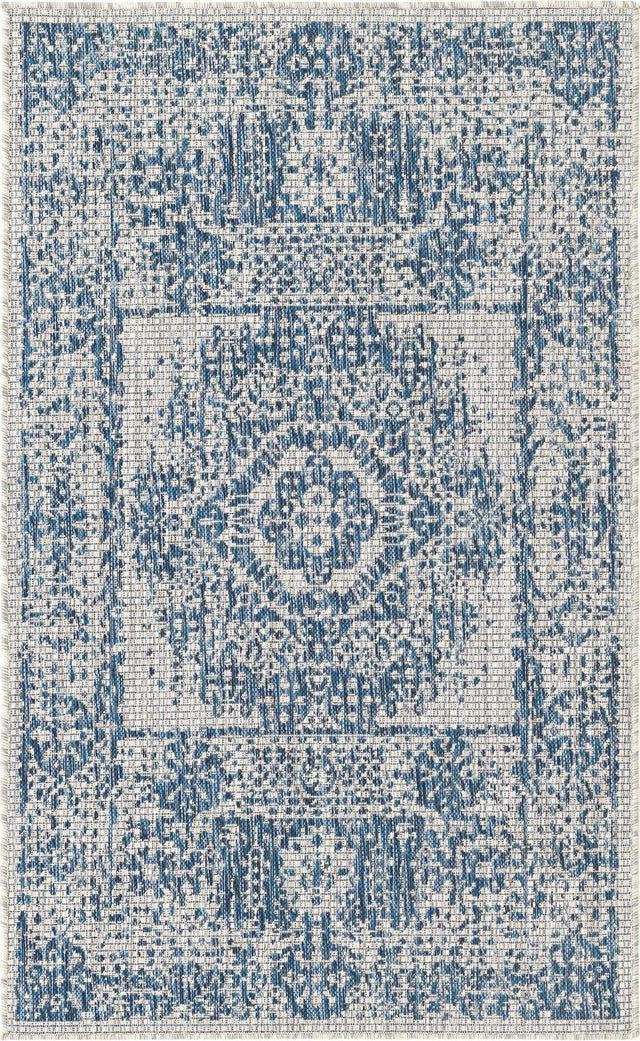Blue 3' 1 x 5' 3 Outdoor Traditional Rectangle Area Rug Weather Resistant for Patio, Deck, Terrace, Balcony, Porch Classical Design Outside Carpet for Sale at Rug Engine