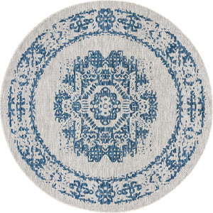 Blue 7' 10 x 7' 10 Outdoor Traditional Round Area Rug Weather Resistant for Patio, Deck, Terrace, Balcony, Porch Classical Design Outside Carpet for Sale at Rug Engine