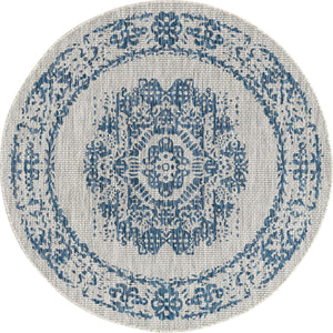 Blue 5' 3 x 5' 3 Outdoor Traditional Round Area Rug Weather Resistant for Patio, Deck, Terrace, Balcony, Porch Classical Design Outside Carpet for Sale at Rug Engine