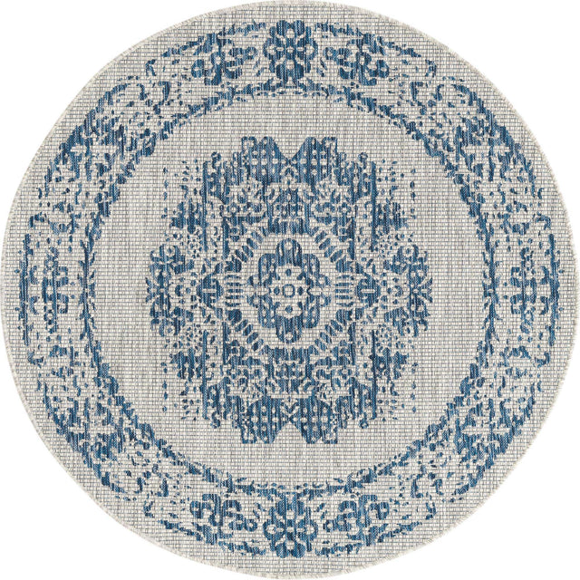 Blue 5' 3 x 5' 3 Outdoor Traditional Round Area Rug Weather Resistant for Patio, Deck, Terrace, Balcony, Porch Classical Design Outside Carpet for Sale at Rug Engine