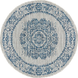 Blue 3' 1 x 3' 1 Outdoor Traditional Round Area Rug Weather Resistant for Patio, Deck, Terrace, Balcony, Porch Classical Design Outside Carpet for Sale at Rug Engine