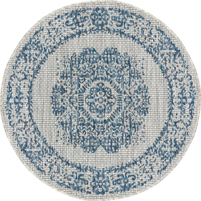 Blue 3' 1 x 3' 1 Outdoor Traditional Round Area Rug Weather Resistant for Patio, Deck, Terrace, Balcony, Porch Classical Design Outside Carpet for Sale at Rug Engine