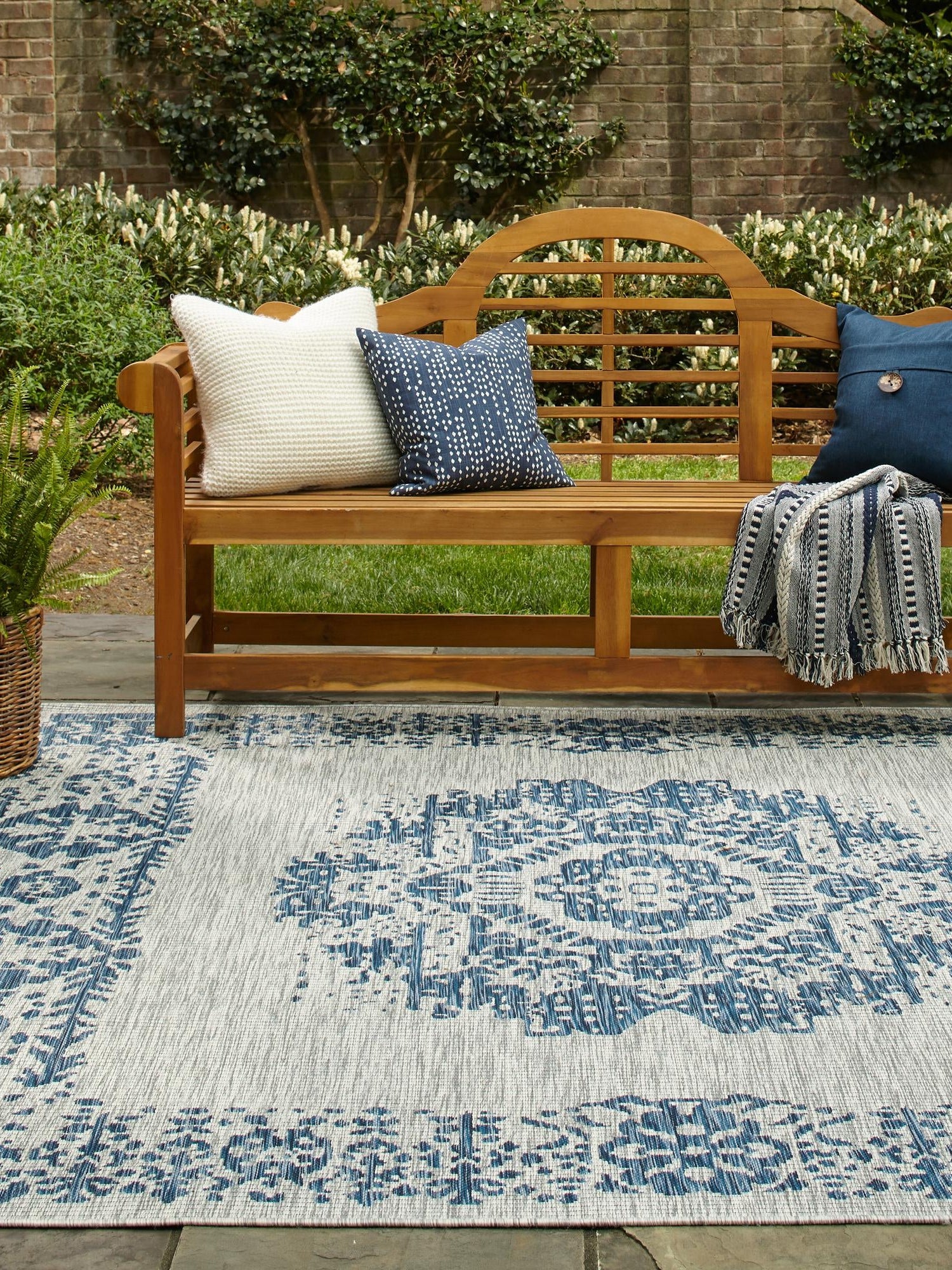 Blue 10' x 10' Outdoor Traditional Square Area Rug Weather Resistant for Patio, Deck, Terrace, Balcony, Porch Classical Design Outside Carpet for Sale at Rug Engine