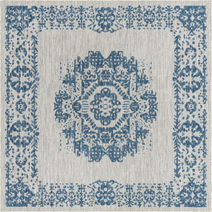 Blue 7' 10 x 7' 10 Outdoor Traditional Square Area Rug Weather Resistant for Patio, Deck, Terrace, Balcony, Porch Classical Design Outside Carpet for Sale at Rug Engine