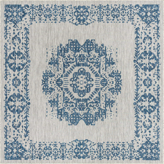 Blue 7' 10 x 7' 10 Outdoor Traditional Square Area Rug Weather Resistant for Patio, Deck, Terrace, Balcony, Porch Classical Design Outside Carpet for Sale at Rug Engine