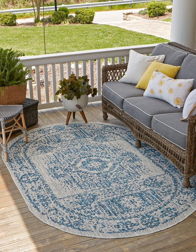 Blue 5' 3 x 8' Outdoor Traditional Oval Area Rug Weather Resistant for Patio, Deck, Terrace, Balcony, Porch Classical Design Outside Carpet for Sale at Rug Engine