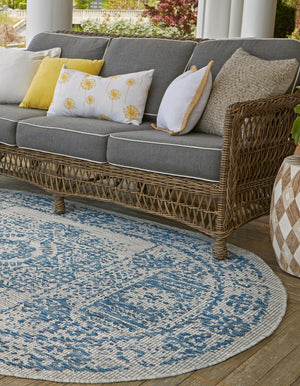 Blue 5' 3 x 8' Outdoor Traditional Oval Area Rug Weather Resistant for Patio, Deck, Terrace, Balcony, Porch Classical Design Outside Carpet for Sale at Rug Engine