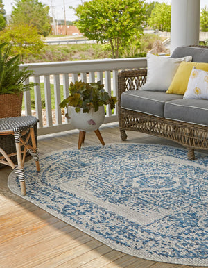 Blue 5' 3 x 8' Outdoor Traditional Oval Area Rug Weather Resistant for Patio, Deck, Terrace, Balcony, Porch Classical Design Outside Carpet for Sale at Rug Engine