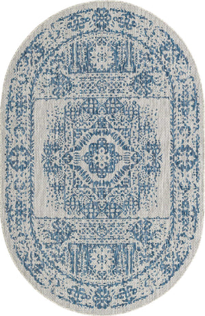 Blue 5' 3 x 8' Outdoor Traditional Oval Area Rug Weather Resistant for Patio, Deck, Terrace, Balcony, Porch Classical Design Outside Carpet for Sale at Rug Engine