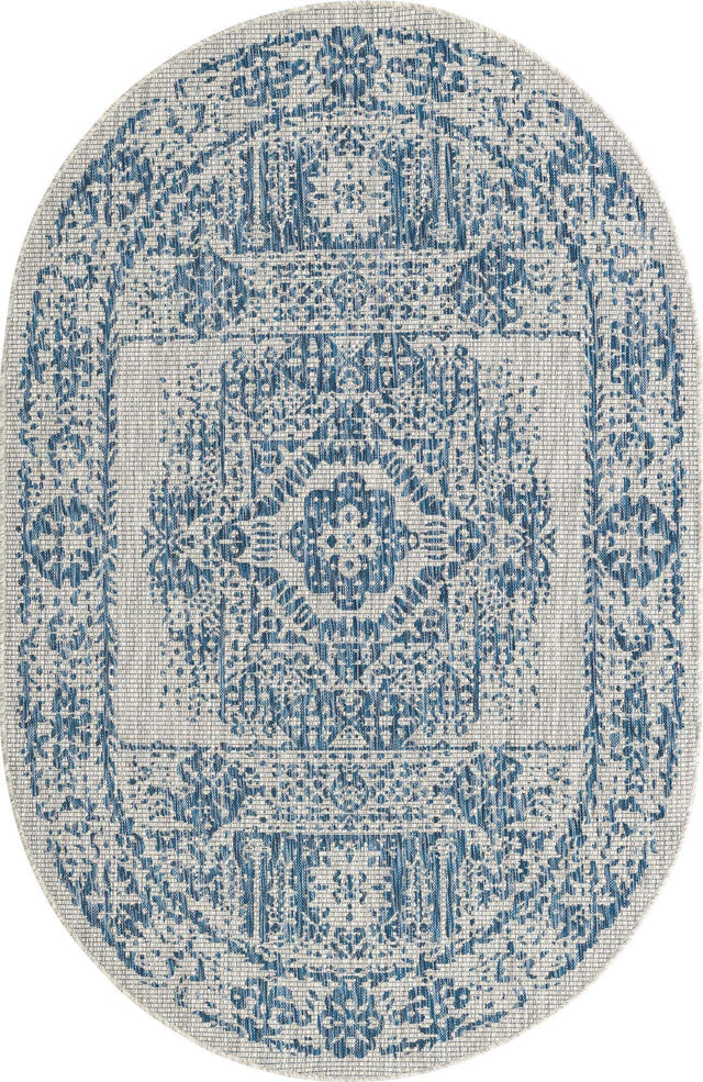 Blue 5' 3 x 8' Outdoor Traditional Oval Area Rug Weather Resistant for Patio, Deck, Terrace, Balcony, Porch Classical Design Outside Carpet for Sale at Rug Engine