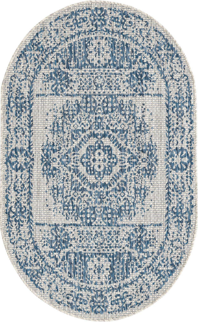 Blue 3' 1 x 5' 3 Outdoor Traditional Oval Area Rug Weather Resistant for Patio, Deck, Terrace, Balcony, Porch Classical Design Outside Carpet for Sale at Rug Engine
