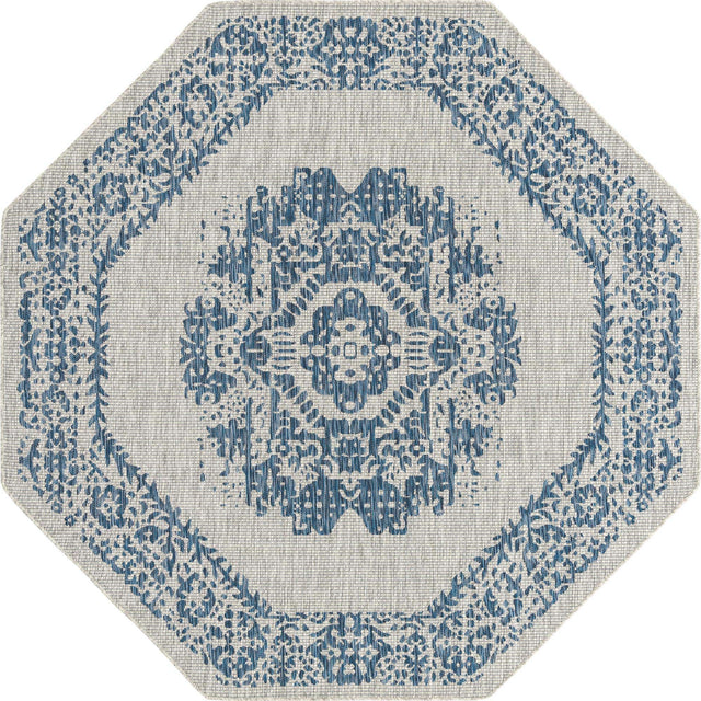Blue 7' 10 x 7' 10 Outdoor Traditional Octagon Area Rug Weather Resistant for Patio, Deck, Terrace, Balcony, Porch Classical Design Outside Carpet for Sale at Rug Engine