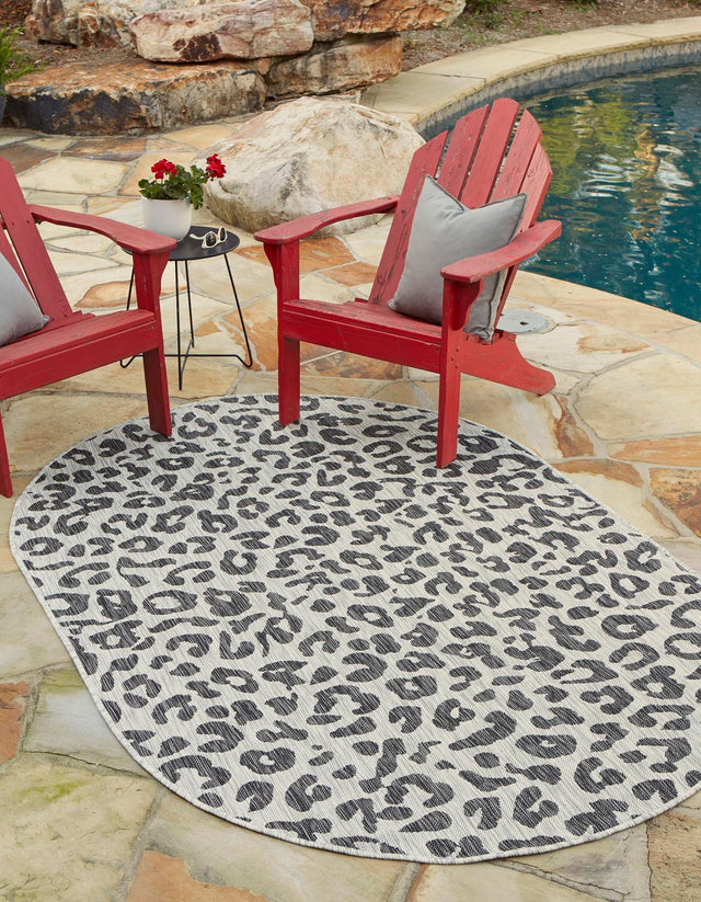 Light Gray 5' 3 x 8' Outdoor Safari Oval Area Rug Weather Resistant for Patio, Deck, Terrace, Balcony, Porch Animal Print Wildlife Nature Carpet for Sale at Rug Engine