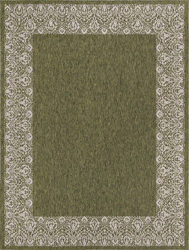 Green 10' x 13' 1 Outdoor Border Rectangle Area Rug Weather Resistant for Patio, Deck, Terrace, Balcony, Porch 100% Polypropylene Classic Bordered Carpet for Sale at Rug Engine