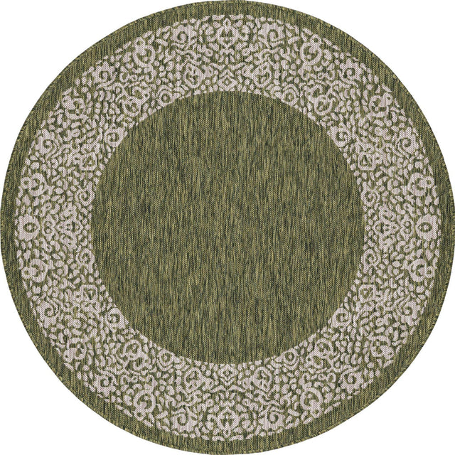 Green 5' 3 x 5' 3 Outdoor Border Round Area Rug Weather Resistant for Patio, Deck, Terrace, Balcony, Porch 100% Polypropylene Classic Bordered Carpet for Sale at Rug Engine