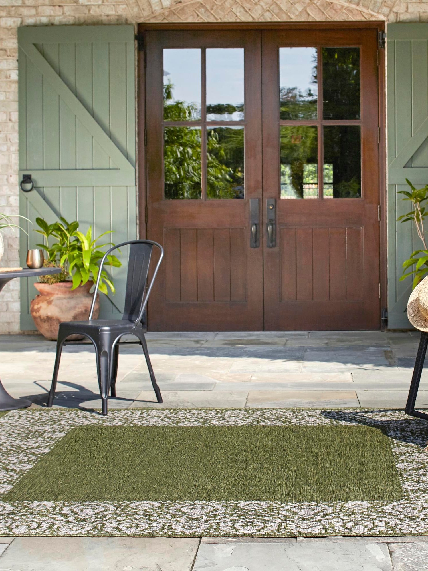 Green 13' 1 x 13' 1 Outdoor Border Square Area Rug Weather Resistant for Patio, Deck, Terrace, Balcony, Porch 100% Polypropylene Classic Bordered Carpet for Sale at Rug Engine