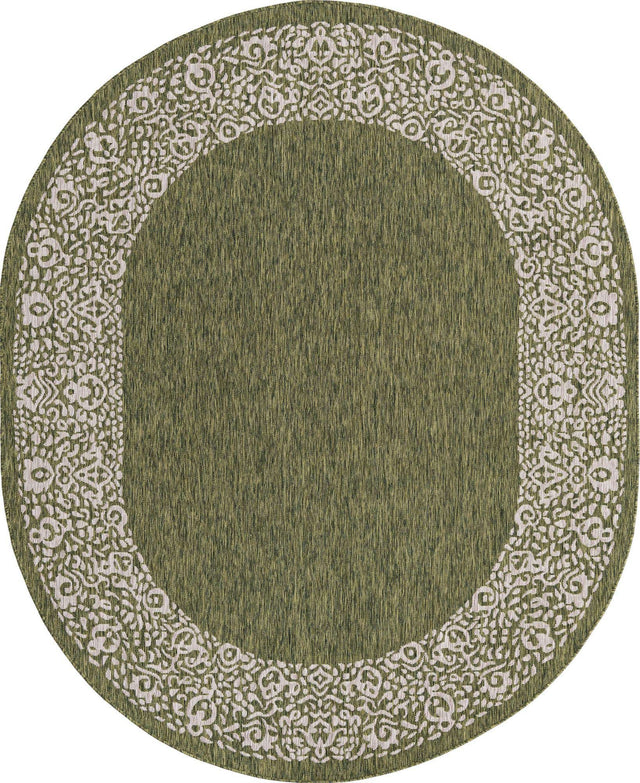 Green 7' 10 x 10' Outdoor Border Oval Area Rug Weather Resistant for Patio, Deck, Terrace, Balcony, Porch 100% Polypropylene Classic Bordered Carpet for Sale at Rug Engine