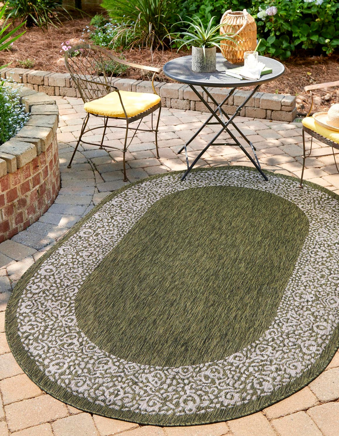 Green 3' 1 x 5' 3 Outdoor Border Oval Area Rug Weather Resistant for Patio, Deck, Terrace, Balcony, Porch 100% Polypropylene Classic Bordered Carpet for Sale at Rug Engine