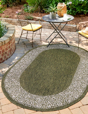 Green 3' 1 x 5' 3 Outdoor Border Oval Area Rug Weather Resistant for Patio, Deck, Terrace, Balcony, Porch 100% Polypropylene Classic Bordered Carpet for Sale at Rug Engine