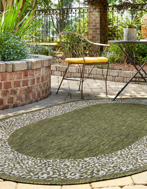 Green 7' 10 x 10' Outdoor Border Oval Area Rug Weather Resistant for Patio, Deck, Terrace, Balcony, Porch 100% Polypropylene Classic Bordered Carpet for Sale at Rug Engine