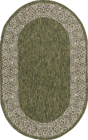 Green 3' 1 x 5' 3 Outdoor Border Oval Area Rug Weather Resistant for Patio, Deck, Terrace, Balcony, Porch 100% Polypropylene Classic Bordered Carpet for Sale at Rug Engine