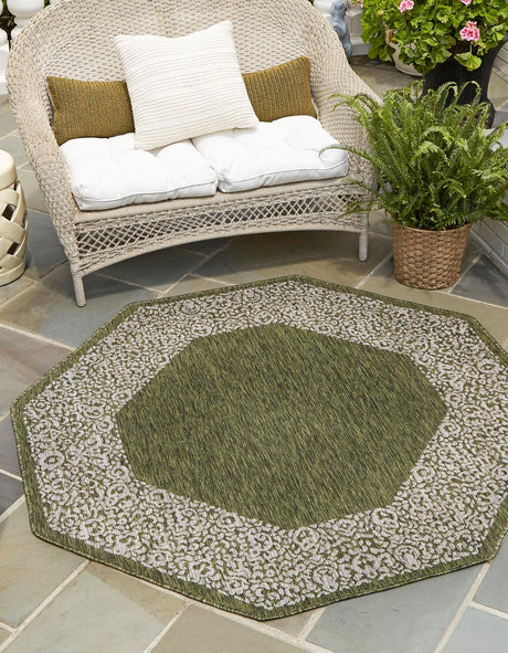 Green 7' 10 x 7' 10 Outdoor Border Octagon Area Rug Weather Resistant for Patio, Deck, Terrace, Balcony, Porch 100% Polypropylene Classic Bordered Carpet for Sale at Rug Engine