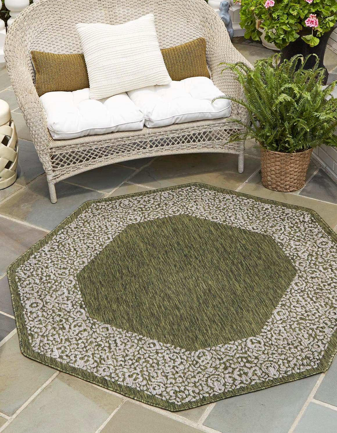 Green 5' 3 x 5' 3 Outdoor Border Octagon Area Rug Weather Resistant for Patio, Deck, Terrace, Balcony, Porch 100% Polypropylene Classic Bordered Carpet for Sale at Rug Engine
