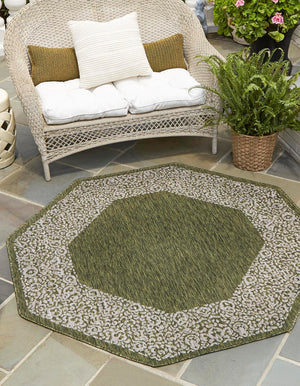 Green 5' 3 x 5' 3 Outdoor Border Octagon Area Rug Weather Resistant for Patio, Deck, Terrace, Balcony, Porch 100% Polypropylene Classic Bordered Carpet for Sale at Rug Engine