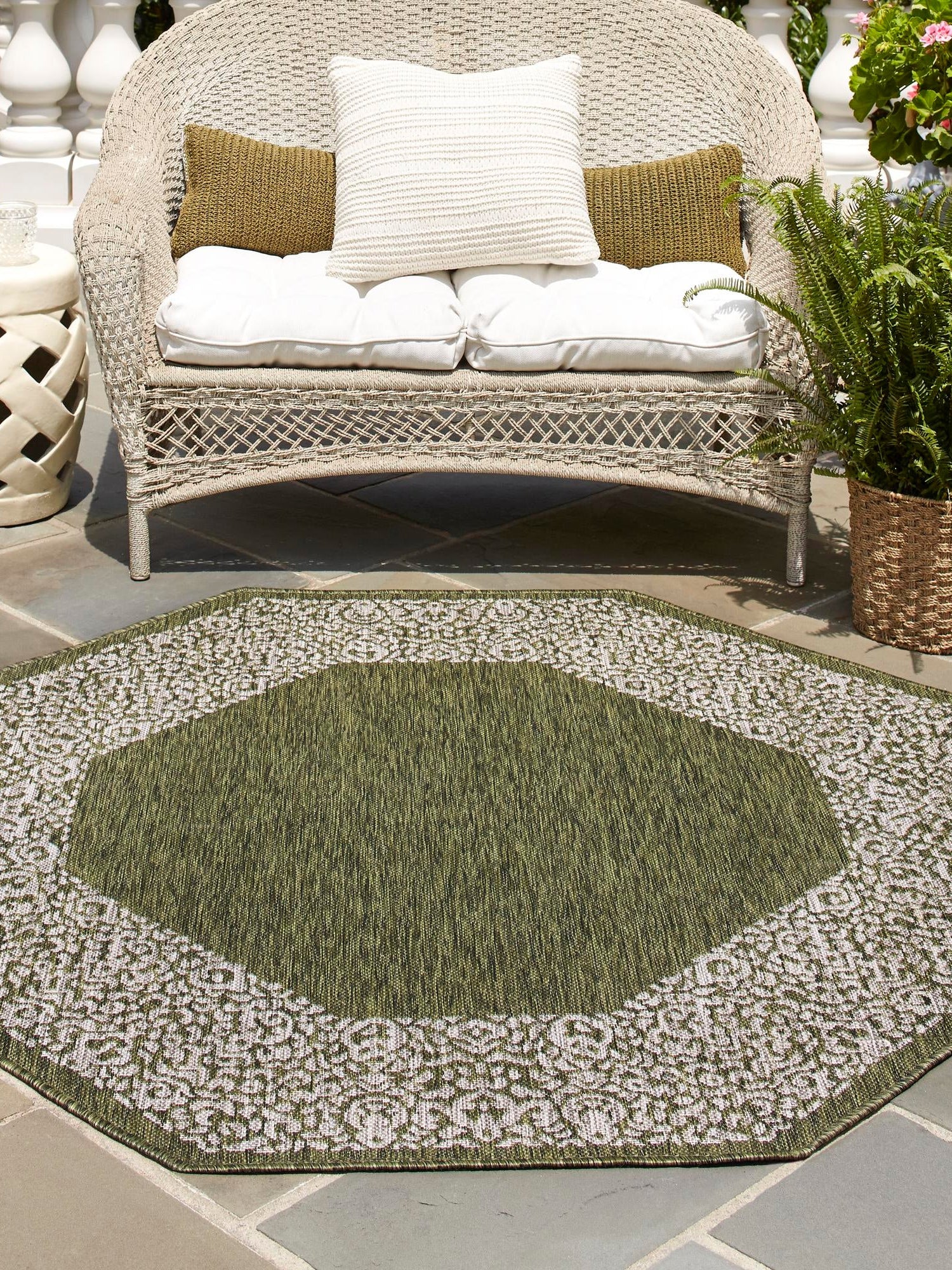 Green 5' 3 x 5' 3 Outdoor Border Octagon Area Rug Weather Resistant for Patio, Deck, Terrace, Balcony, Porch 100% Polypropylene Classic Bordered Carpet for Sale at Rug Engine