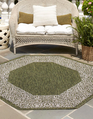 Green 5' 3 x 5' 3 Outdoor Border Octagon Area Rug Weather Resistant for Patio, Deck, Terrace, Balcony, Porch 100% Polypropylene Classic Bordered Carpet for Sale at Rug Engine