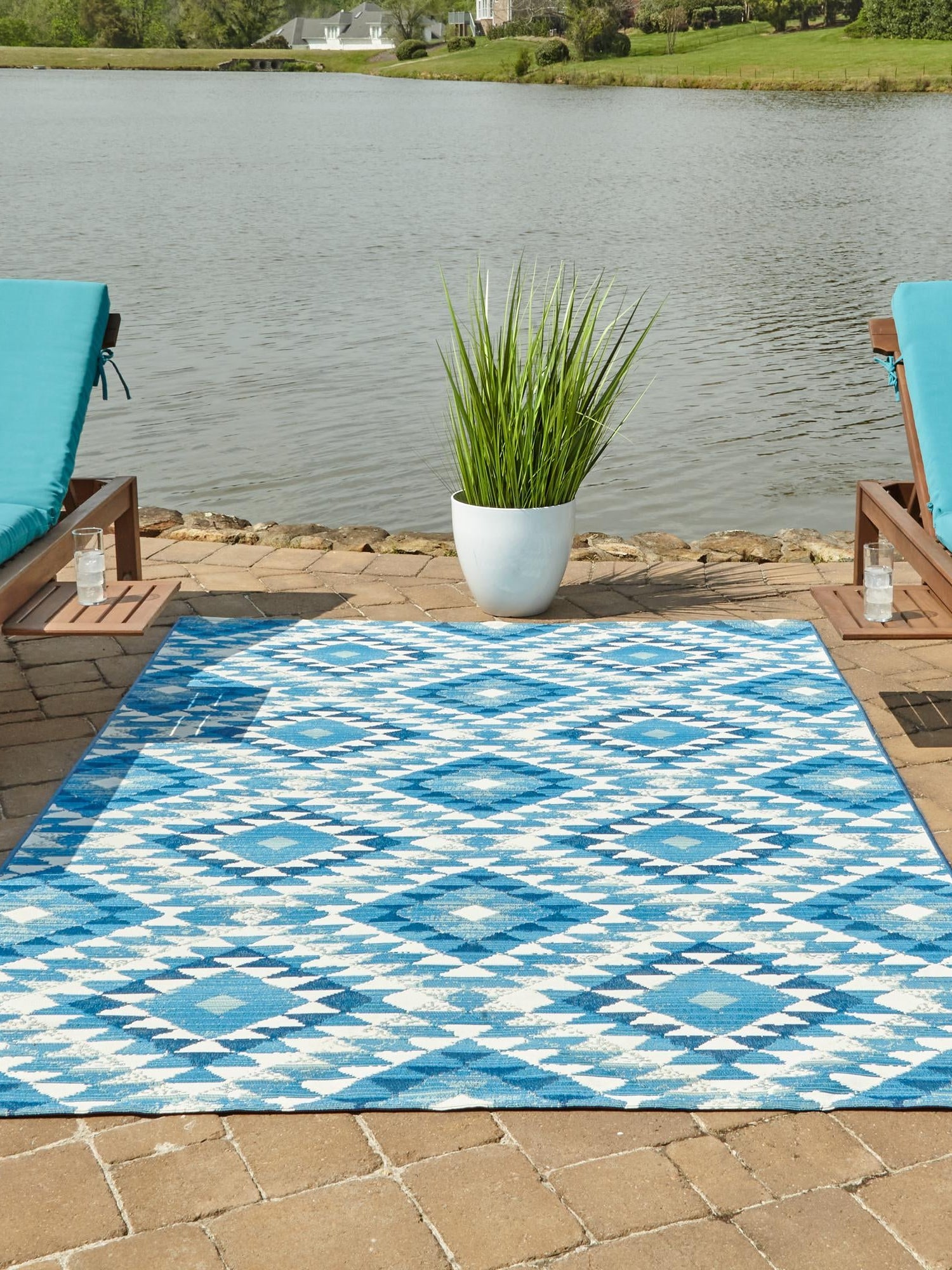 Blue 4' x 6' Outdoor Southwestern Rectangle Area Rug Weather Resistant for Patio, Deck, Terrace, Balcony, Porch 100% Polypropylene Rustic Waterproof Carpet for Sale at Rug Engine