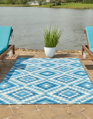 Blue 4' x 6' Outdoor Southwestern Rectangle Area Rug Weather Resistant for Patio, Deck, Terrace, Balcony, Porch 100% Polypropylene Rustic Waterproof Carpet for Sale at Rug Engine